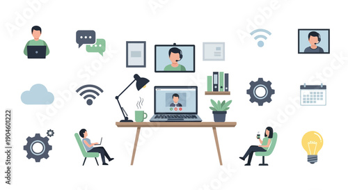 Remote Work Setup: Home Office with Video Calls and Icons