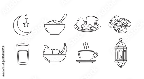Ramadan Suhoor and Iftar Icons: Dates, Coffee, Fruit, Eggs, Bread, Porridge, Moon, Lantern