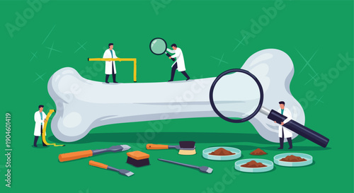 Bone Research. Scientific Investigation. Flat Illustration. Paleontology Discovery. Medical Study.