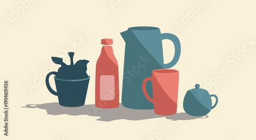 Colorful Tea Set with Orange Bottle and Pitcher.