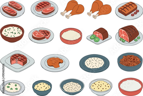 A Delicious Assortment of Cooked Meats and Sides, Presented as a Collection of Simple Isometric Icons on a White Background