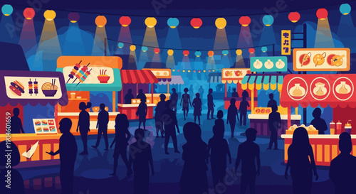 Crowded Night Market Scene with Food Stalls.