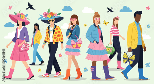 Diverse People Walking in Fashionable Clothing.