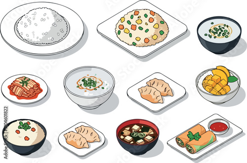 An assortment of Asian cuisine dishes presented in a top-down isometric view, featuring rice, dumplings, soup, and spring rolls, highlighting culinary diversity and presentation