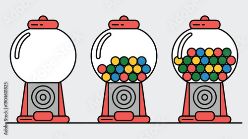 Colorful Gumball Machine Illustration, Three Machines with Different Amounts of Colorful Balls, Fun Candy Children’s Design, Vector Set on White Background.