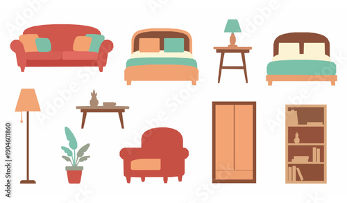 Simple home furniture vector illustration set cozy interior style