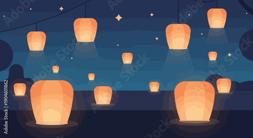 Glowing Lanterns Floating in the Night Sky.