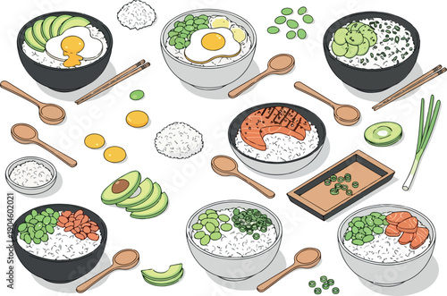 Assortment of delicious and healthy rice bowls with fresh ingredients, showcasing variety and culinary creativity