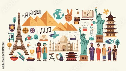 A vibrant, colorful illustration showcasing iconic world landmarks and diverse people