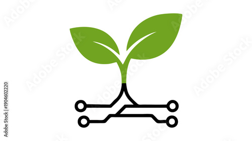 Green plant sprout growing from electronic circuit lines, symbolizing eco technology, sustainable innovation, green energy, and environmental digital solutions. Clean modern vector-style illustration 