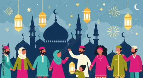 Muslim Family Celebrating Eid Mubarak Together.