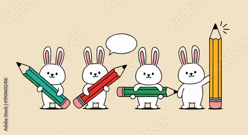 Adorable cartoon bunnies holding colorful pencils, showcasing the joy of learning and creative expression through drawing and writing activities for children
