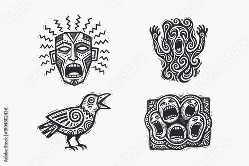 Set of Four Abstract Woodcut Style Illustrations Featuring Screaming Faces, Tribal Mask, and Bird