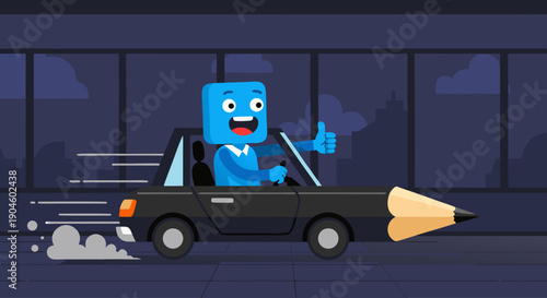 Creative character driving a fast pencil car, symbolizing swift design execution, artistic success, and innovative project development with confidence