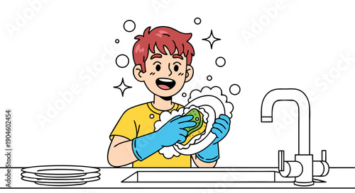 A happy young man wearing blue rubber gloves, cheerfully washing dishes with a sponge in a sink with soap bubbles and sparkling effects
