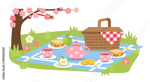Picnic Basket and Tea Set Outdoors.