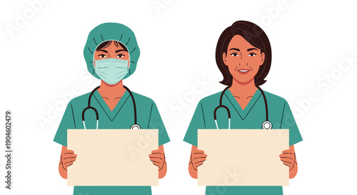 Female healthcare workers, one masked, holding blank signs for custom messages. Diverse medical professionals presenting empty banners for important announcements