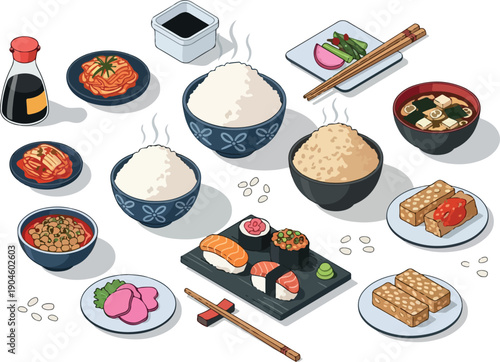 A vibrant isometric illustration showcasing a diverse selection of Japanese and Korean cuisine, including sushi, rice bowls, miso soup, and kimchi