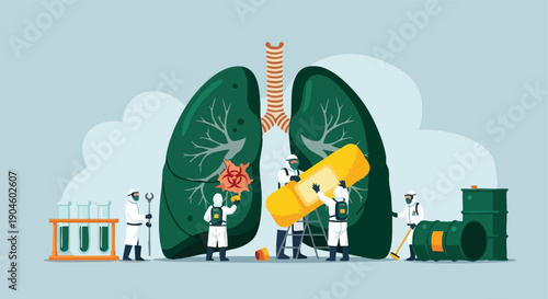 Lung health concept. Environmental pollution impact. Medical treatment illustration. Respiratory disease care.