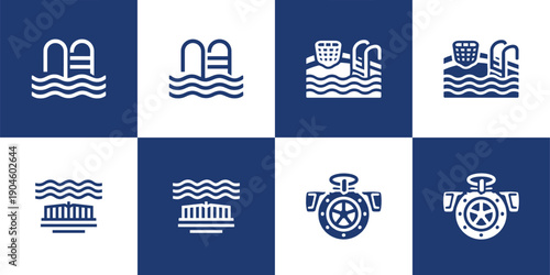 Icon Set Vector of 4 Swimming Pool Water Waves and Engine Valve