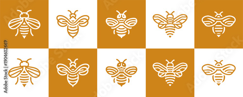Icon Set Vector of 5 Minimalist Honey Bee Line Art Logos