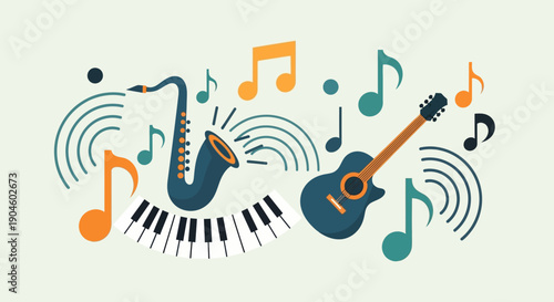 Saxophone and Guitar with Musical Notes.