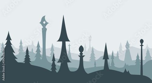 Silhouette of Fantasy Towers and Trees.
