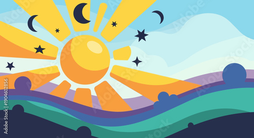 Sun Moon Stars Celestial Bodies Illustration.