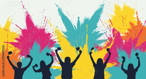 Silhouettes of People Celebrating with Raised Arms.