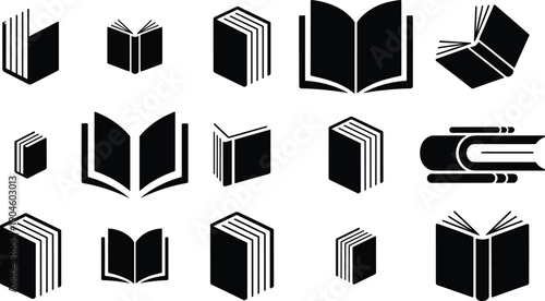 Collection of black book and open book icons, library symbols, reading graphics, minimalist flat silhouettes for web and print design