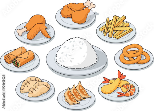 Collection of diverse appetizing dishes featuring fried chicken, french fries, rice, spring rolls, dumplings, tempura, and onion rings
