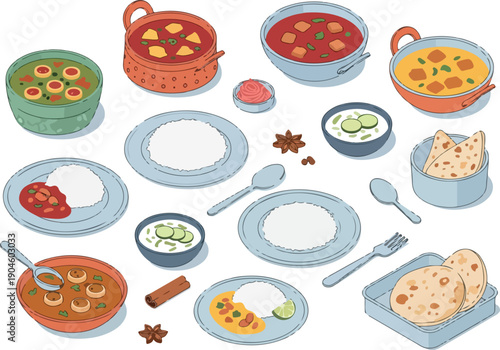 An artistic illustration of various Indian dishes with rice and bread, presented in a top-down perspective