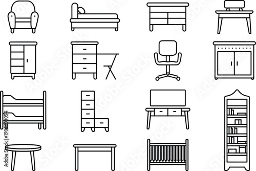 Collection of thin line furniture icons, chairs, tables, beds, shelves, office desk and storage illustrations for web UI and print
