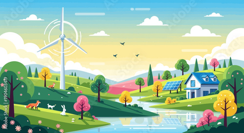 Wind Turbine in Green Landscape Scene.