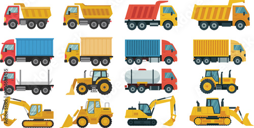 Vector collection of construction trucks and heavy equipment icons, dump trucks, excavators, loaders, tractors, tankers, container trucks, flatbeds for design