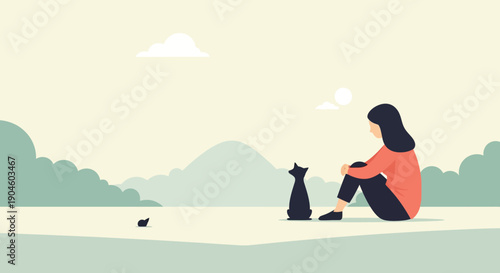 Woman Sitting with Dog by Water.