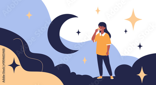 Woman Standing Under Night Sky Stars.