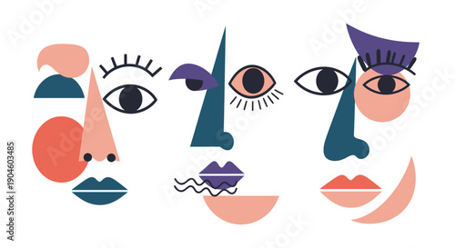 Abstract Facial Features and Geometric Shapes.