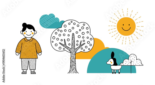 Cartoon Boy Standing Near Tree Illustration.