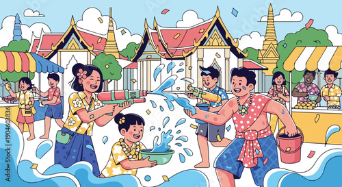 A vibrant illustration depicts people playing with water guns near a temple