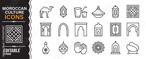 Editable Stroke Moroccan Culture and Travel Icons Pack