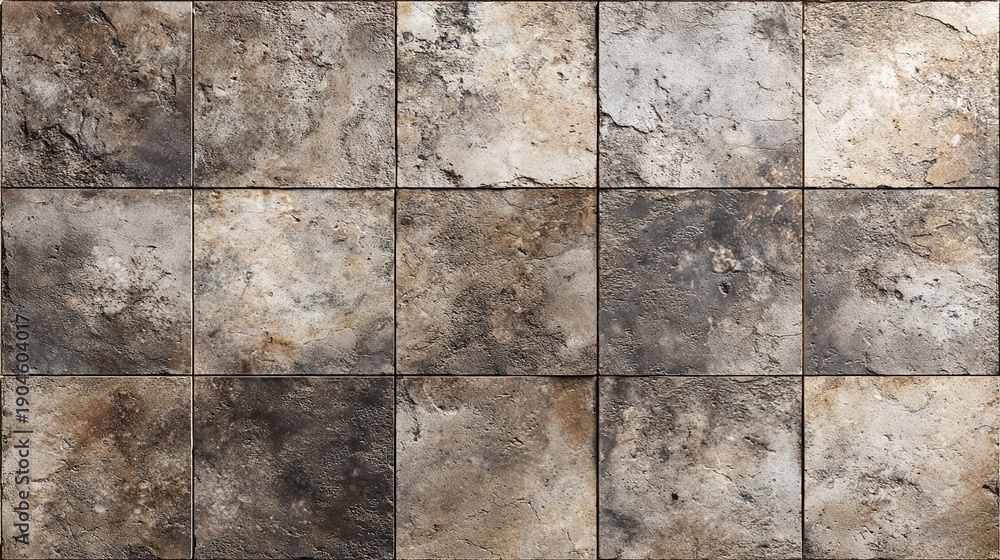 Fototapeta premium Rustic Tile Texture: A close-up showcases a collection of square tiles, each boasting a rugged, textured surface. The muted tones of stone evoke a sense of timeless elegance and organic charm.