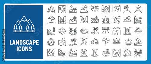 Landscape and Nature Scene Outline Vector Icon Set — Editable Stroke Line Icons for Web and App UI