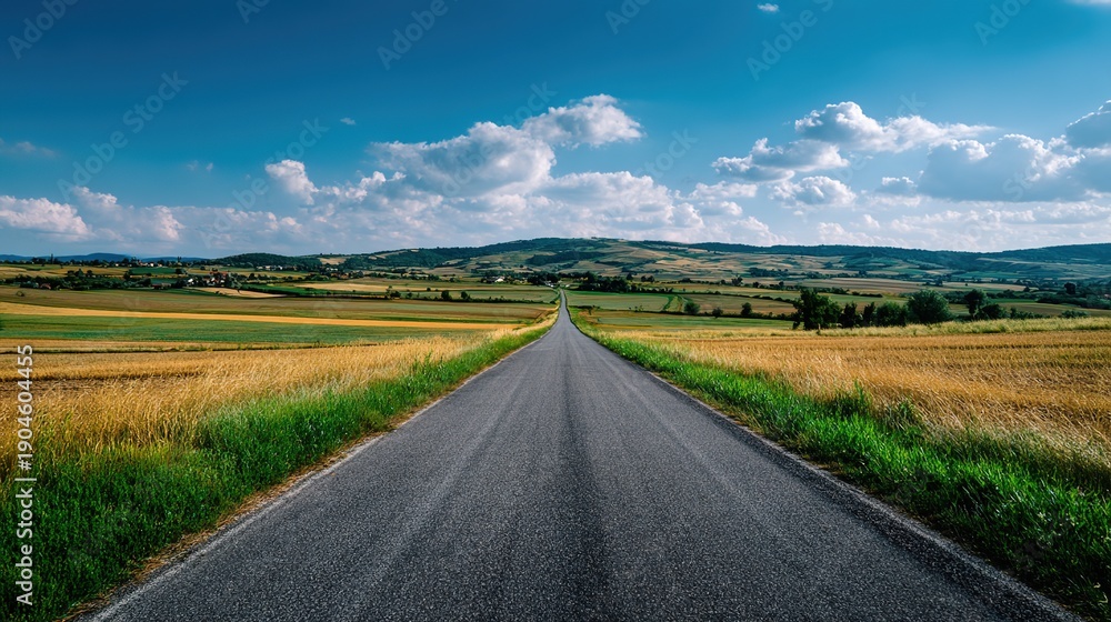 Fototapeta premium Open Road and Endless Horizon: A picturesque open road stretches towards the horizon under a vast, cloud-filled sky, inviting a sense of adventure and journey.