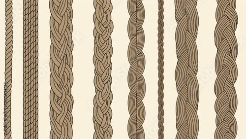 Various styles and thicknesses of brown braided ropes and cords arranged vertically on a light beige background for textures.