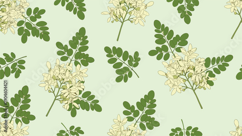 Seamless floral pattern featuring delicate moringa oleifera leaves and cream colored blossoms on a soft green background for fabric design.
