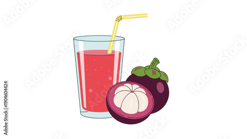 Refreshing glass of mangosteen juice with a straw next to whole and halved tropical mangosteen fruits on a white background.