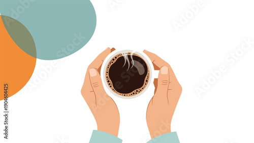 Top view of hands holding a white cup of steaming black coffee with decorative abstract circles in the background.