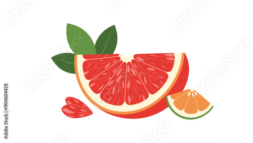 Juicy red grapefruit slices and segments arranged with fresh green leaves on a white background for a healthy food concept.