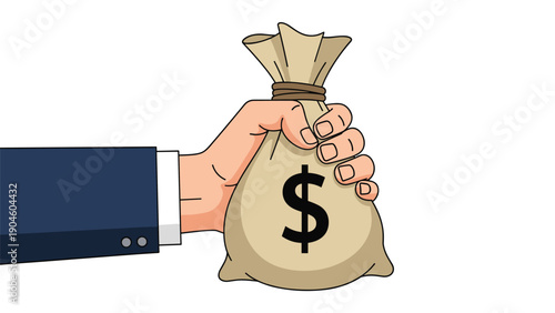 Hand in a business suit holding a heavy canvas bag of money with a large dollar sign on it against a white background.